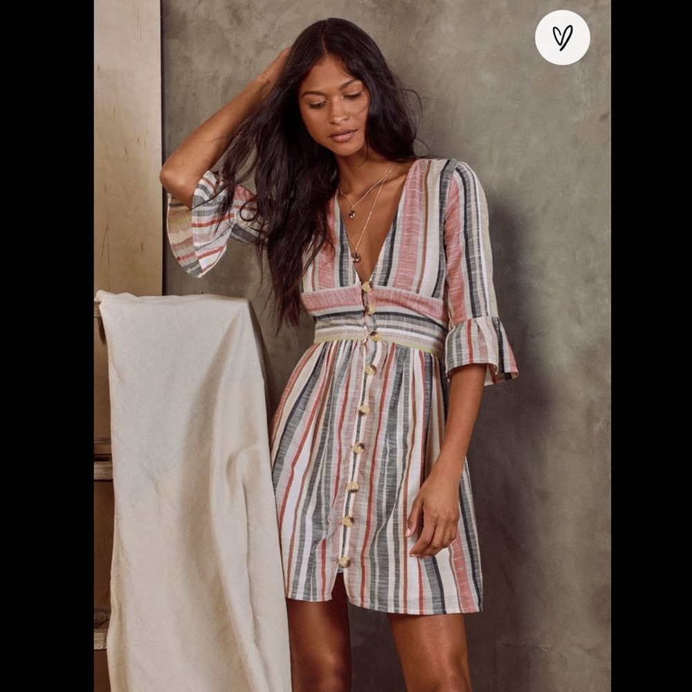 Lulu’s Cream Multi Striped Button-Front Dress